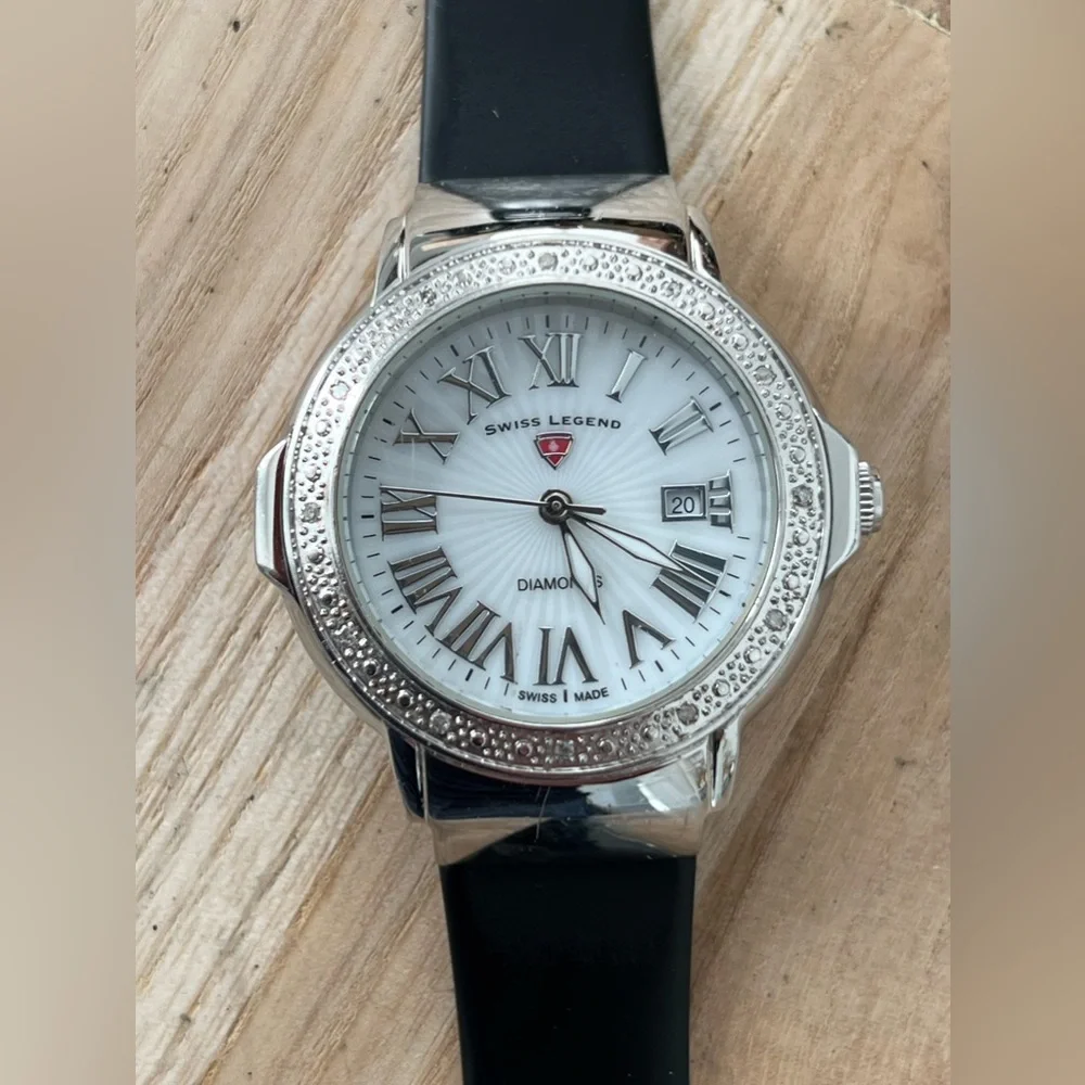 Swiss Legend Diamonds Ladies Watch Pearl Dial Date Window Poly Strap IOB